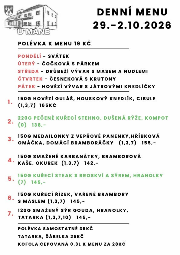 Polední menu 29.- 2.10.2026