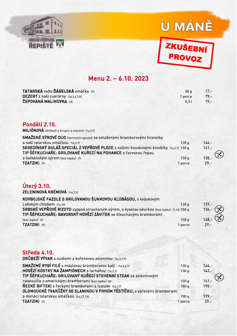 Polední menu pro 42. týden pondělí - středa